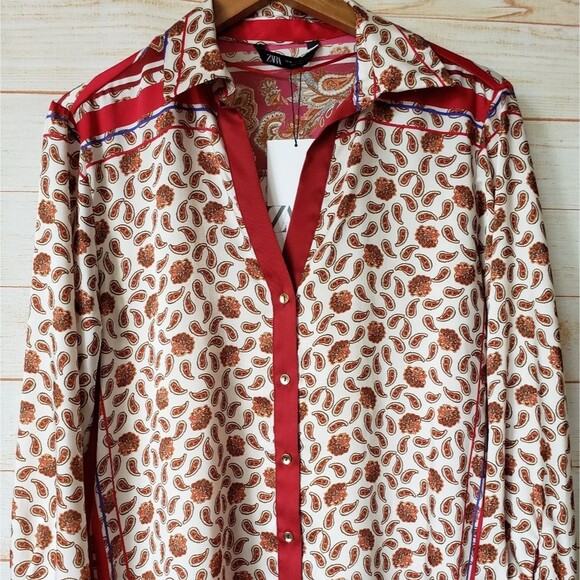 Zara Paisley Floral Printed Satin Button Front Shirt Blouse Women's Medium - Picture 11 of 16